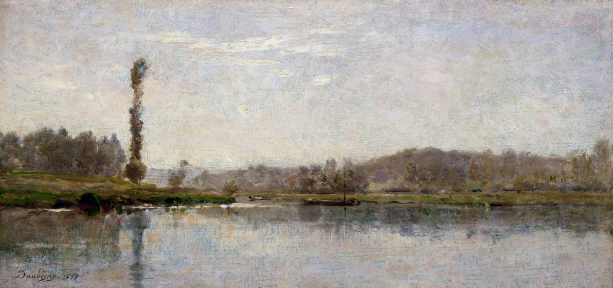 Manhã no Oise, Auvers (óleo sobre cartão) de Charles Francois Daubigny