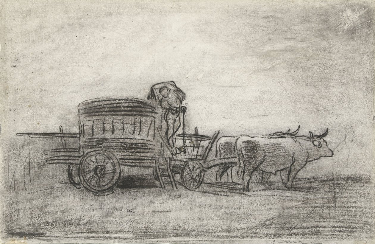 Carrinho de boi, com um perfil escuro contra o céu de Charles Francois Daubigny