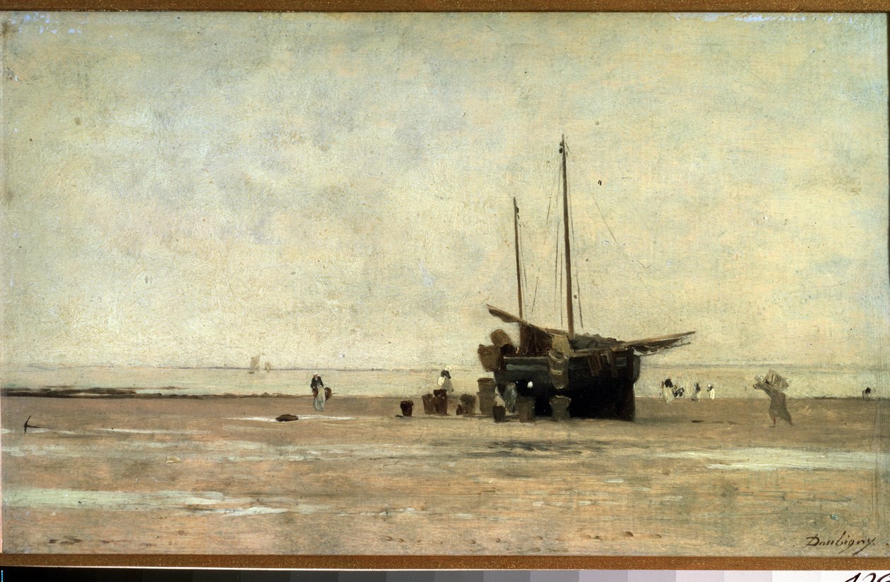 "Seascape" Um veleiro sobre a areia na maré baixa. Pintura de Charles Francois Daubigny (1817-1878) 1868-1872 Museu Pushkin, Moscovo de Charles Francois Daubigny