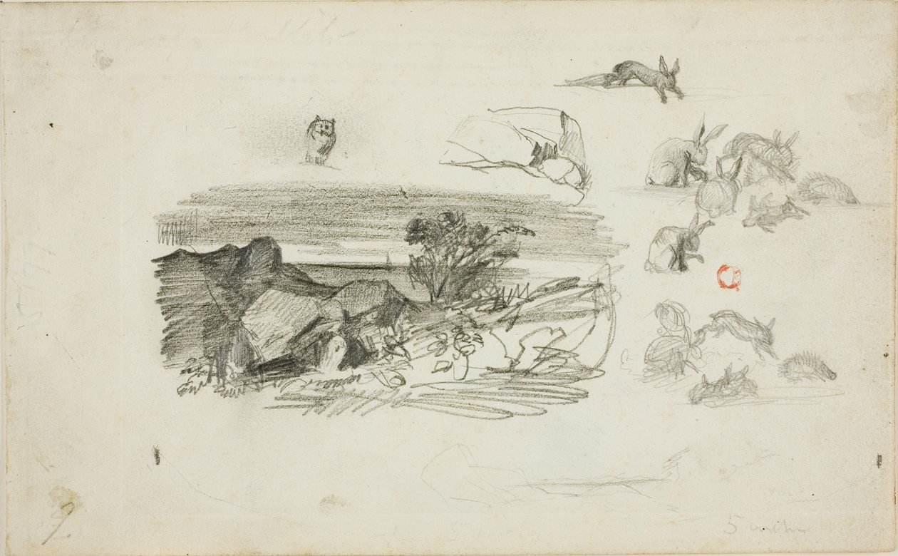 Esboços: Cenário rochoso e coelhos de Charles Francois Daubigny
