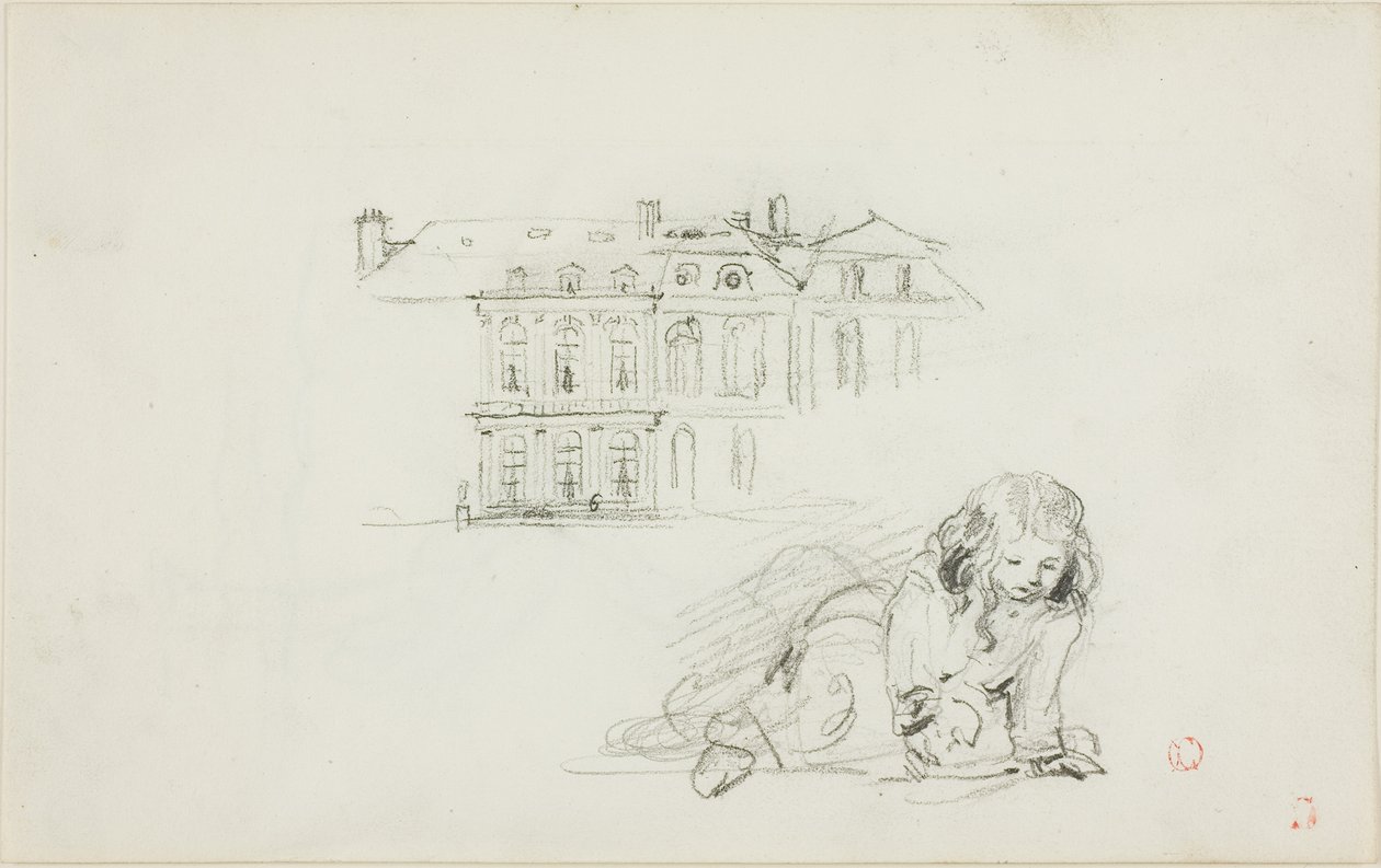 Esboços: O Hotel de Ville, Tours e uma rapariga a brincar (frente); Cegonha (verso) de Charles Francois Daubigny