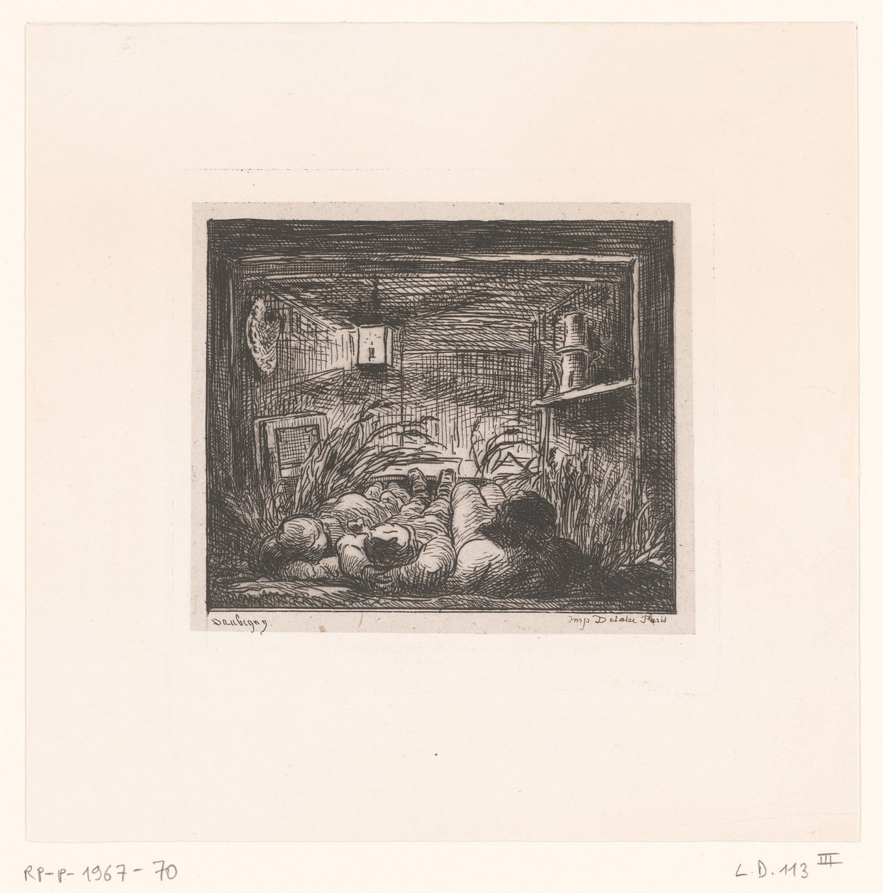 Homens a dormir numa cabana
Coucher à bord du Bottin
Série de paisagens e eventos em torno da água (título da série)
Voyage en bateau (título da série) de Charles Francois Daubigny