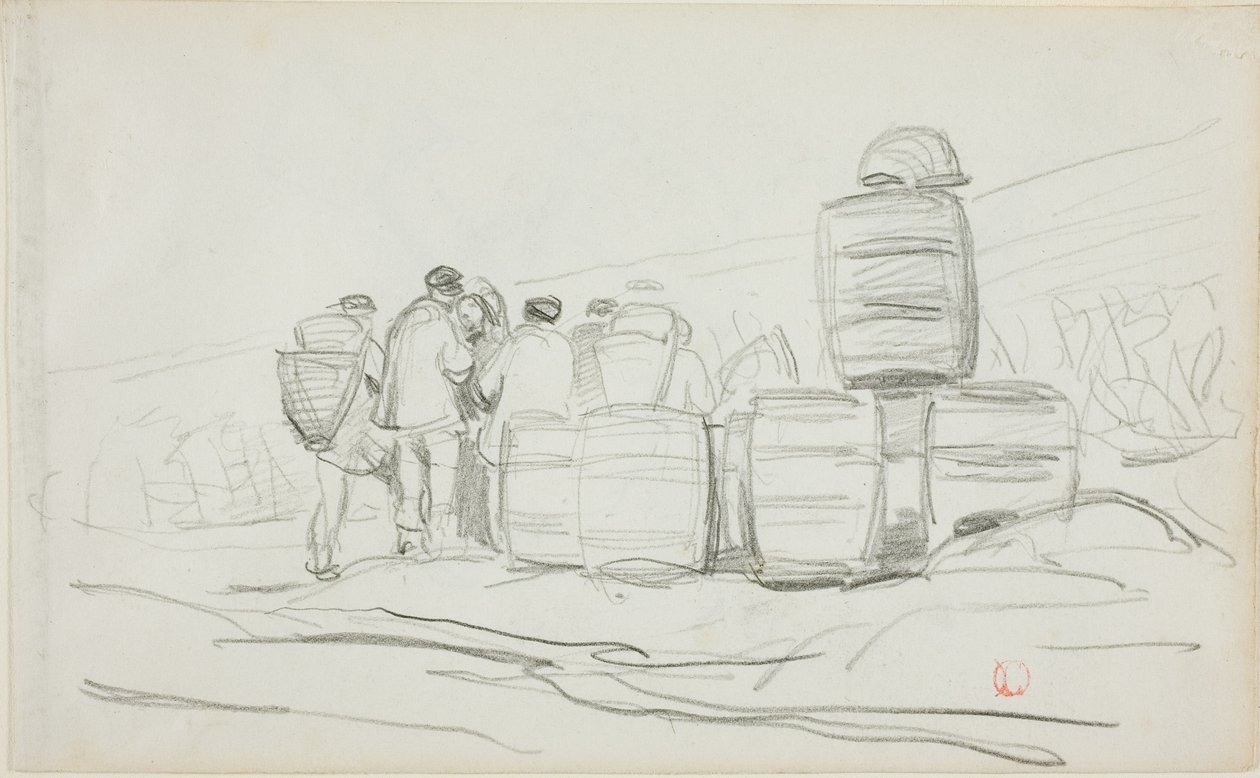 Estudo de um grupo de pessoas com barris (anverso); dois estudos de uma mulher a respigar (verso) de Charles Francois Daubigny