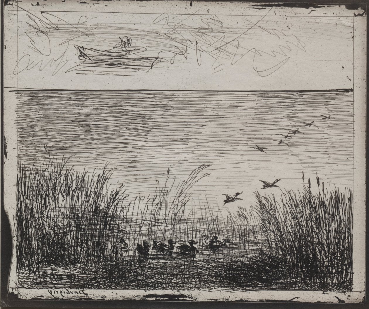 Pântano com patos, impressão original 1862, impressa em 1921. de Charles Francois Daubigny