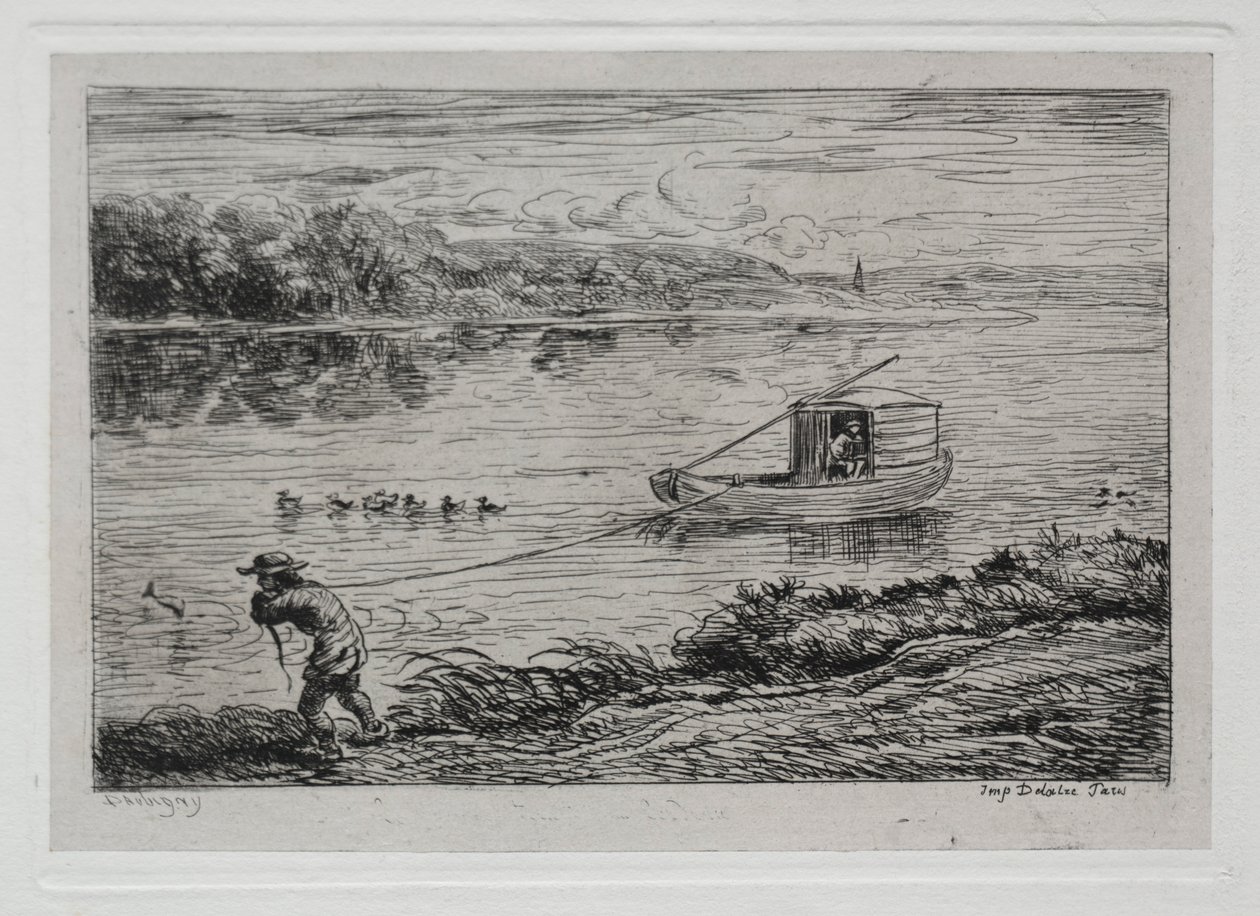 A viagem de barco: Cabine transportando a corda de reboque ou rebocando por corda, 1861. de Charles Francois Daubigny