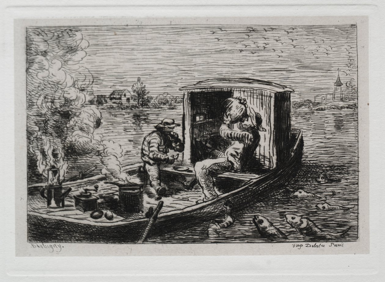 A viagem de barco: Guzzling or Lunch on the Boat, 1861. de Charles Francois Daubigny