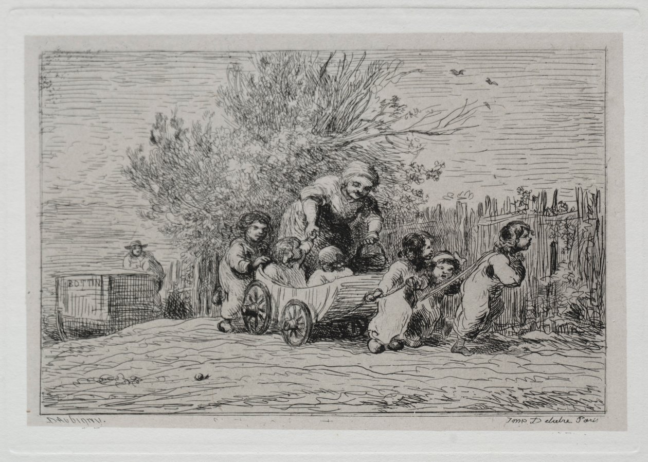 A viagem de barco: Herança do carrinho As crianças com o carrinho, 1861. de Charles Francois Daubigny
