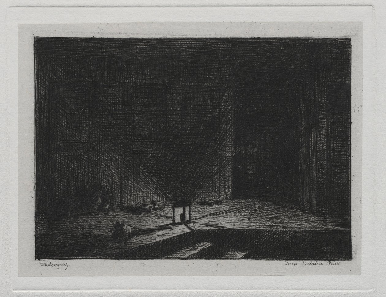 A viagem de barco: interior de uma pousada O corredor de uma pousada, 1861. de Charles Francois Daubigny