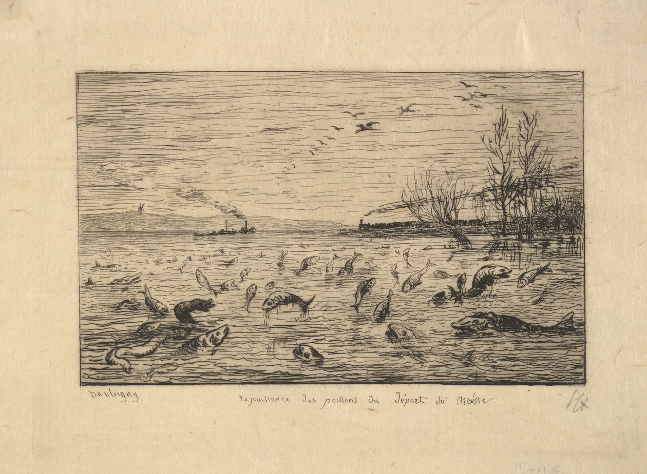 Os peixes se alegram com a partida do camarote, 1861. de Charles Francois Daubigny