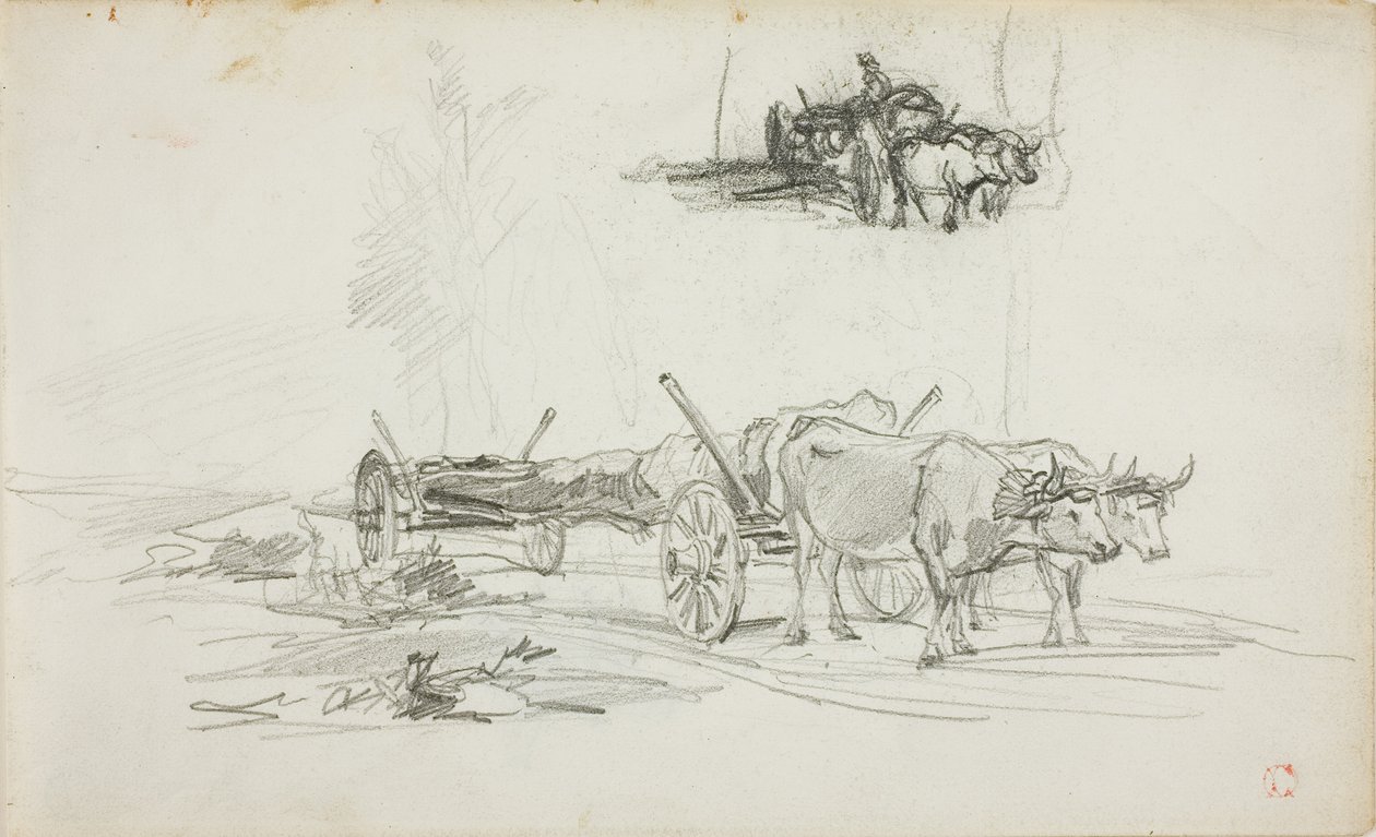 Dois esboços de bois a puxar um tronco de Charles Francois Daubigny
