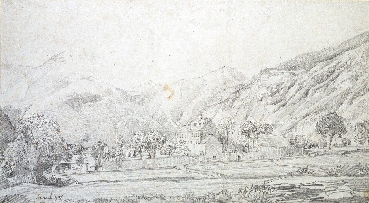 Vista de Edifícios em Recinto Murado com Montanhas ao Fundo, meados do séc. de Charles Francois Daubigny