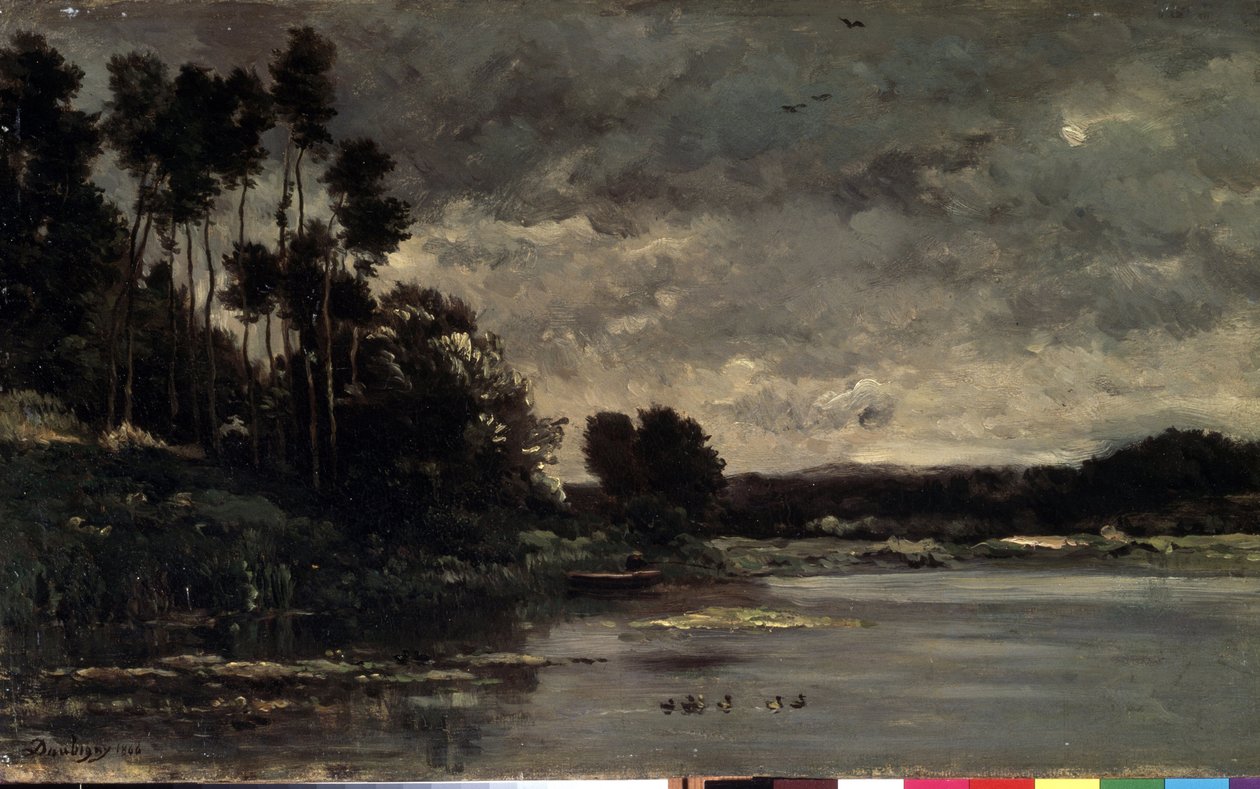 ""as margens do rio"" (Margem do rio) Pintura de Charles Francois Daubigny (1817-1878) 1866 Dim. 26x460 cm Museu Hermitage, São Petersburgo (São Petersburgo) de Charles Francois Daubigny