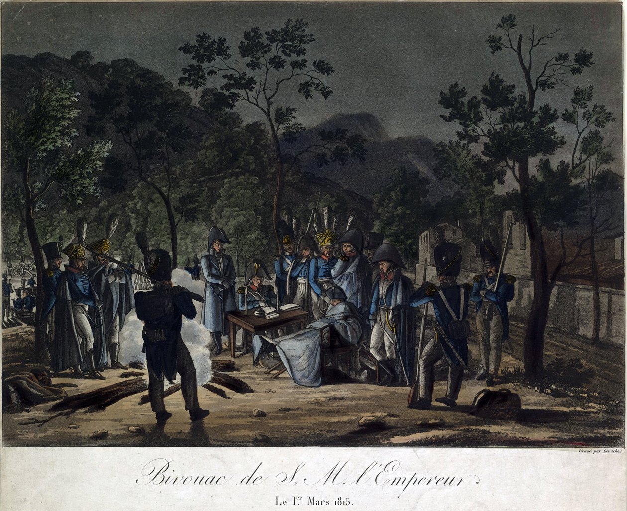 O regresso de Napoleão de Elba. O bivouac de Napoleão no Golfe-Juan a 1 de Março de 1815 - Levachez, Charles Francois Gabriel (activo 1760-1820) - 1815 - Aquatint - 29,5x30 - Colecção Privada de Charles Francois Gabriel Levachez