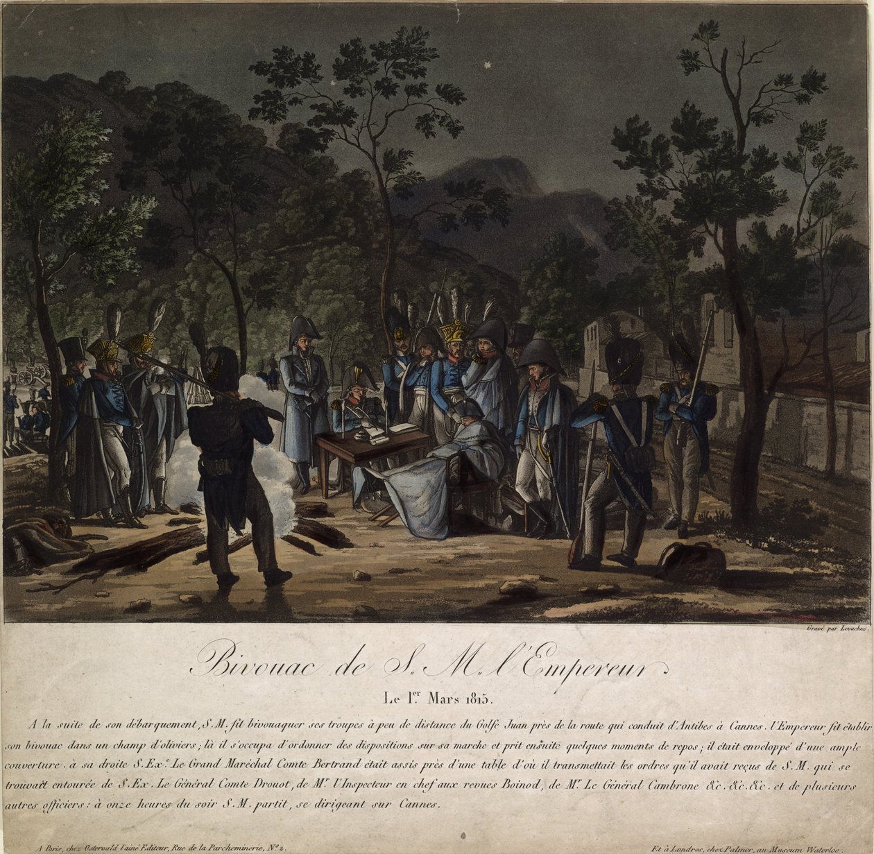 O retorno de Napoleão de Elba. Acampamento de Napoleão em Golfe-Juan em 1 de março de 1815, 1815 de Charles Francois Gabriel Levachez