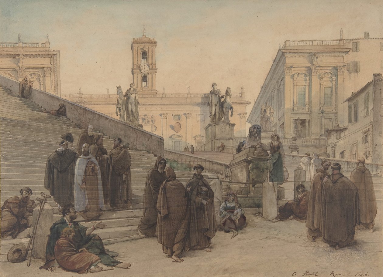 O Campidoglio visto da Escadaria da Igreja do Aracoeli, Roma, ao pôr do sol, 1846. de Charles Francois Houel