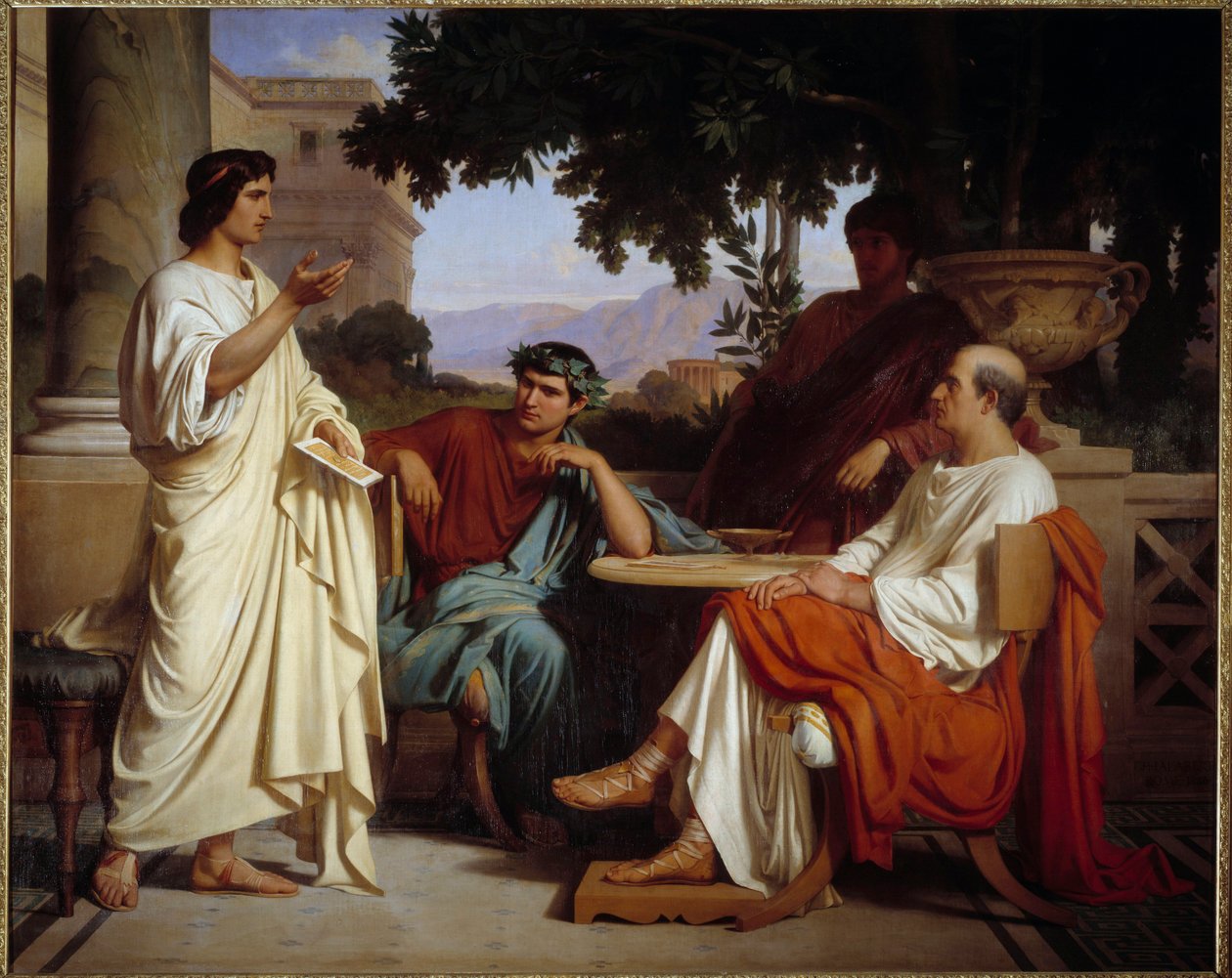 Virgile, Horace e Varius na Mecene Painting de Charles Francois Jalabert (1819-1901) 1846 Nimes, musee des Beaux Arts - Virgil, Horace e Varius na casa de Mecene. Pintura de Charles François Jalabert (1819-1901) 1846. Museu de Belas Artes, Nimes, França de Charles François Jalabert
