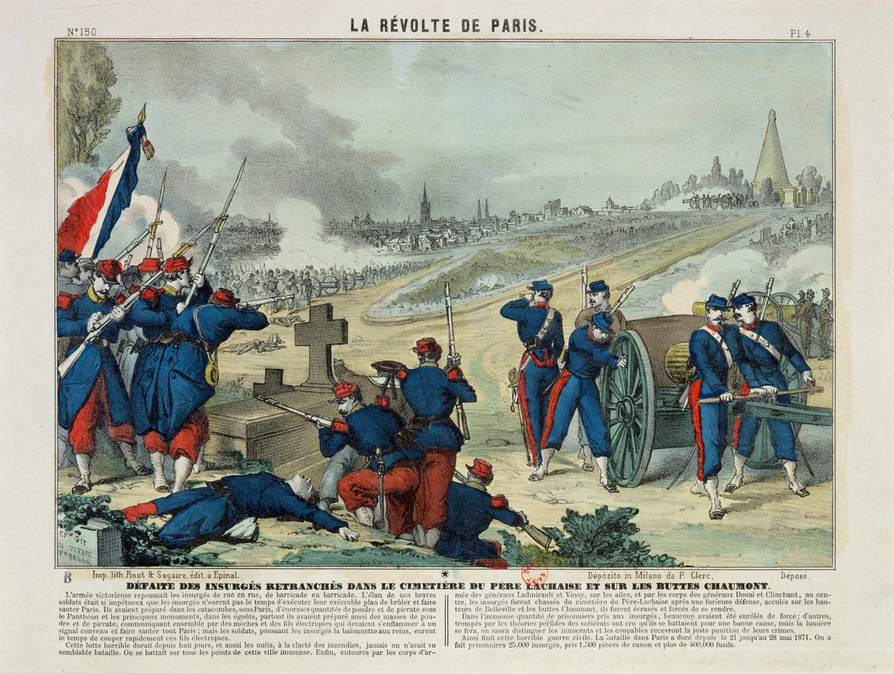 Derrota dos Rebeldes Entrincheirados no Cemitério de Pere Lachaise e na Colina de Chaumont, 1871 (gravura colorida) de Charles Francois Pinot