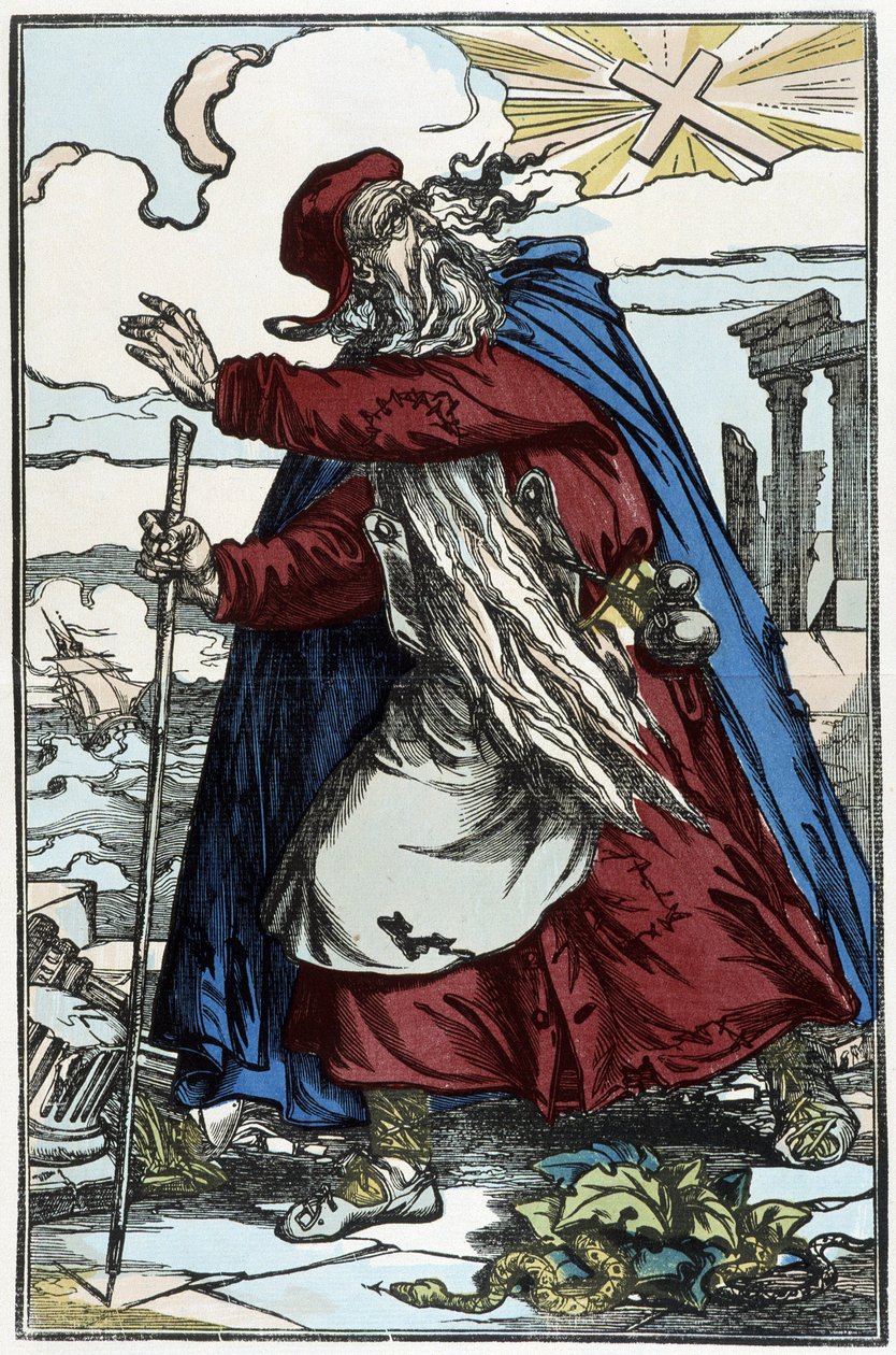 O judeu errante assustado com a Cruz Católica - gravura do desenho de Pinot de Charles Francois Pinot