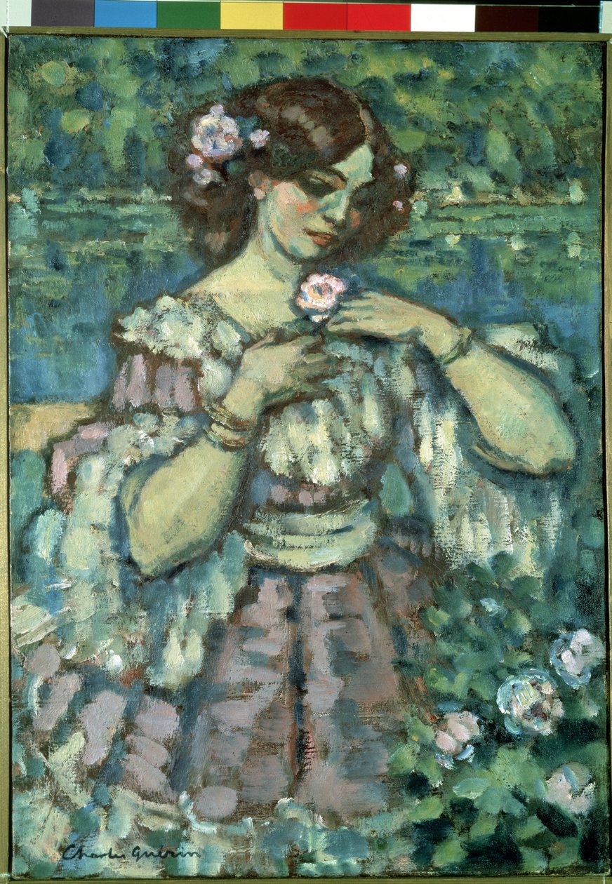 Rapariga com uma rosa. Pintura de Charles Guerin (1875-1939) de Charles Francois Prosper Guerin