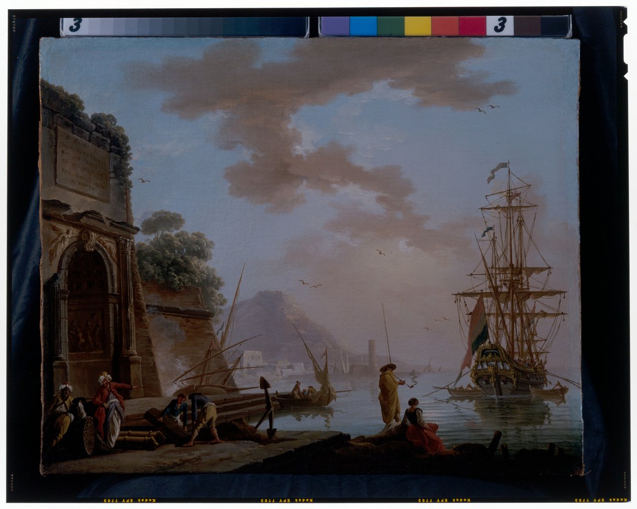 Um porto de mar mediterrânico com orientais a conversar sob um antigo arco romano de Charles François Grenier de Lacroix