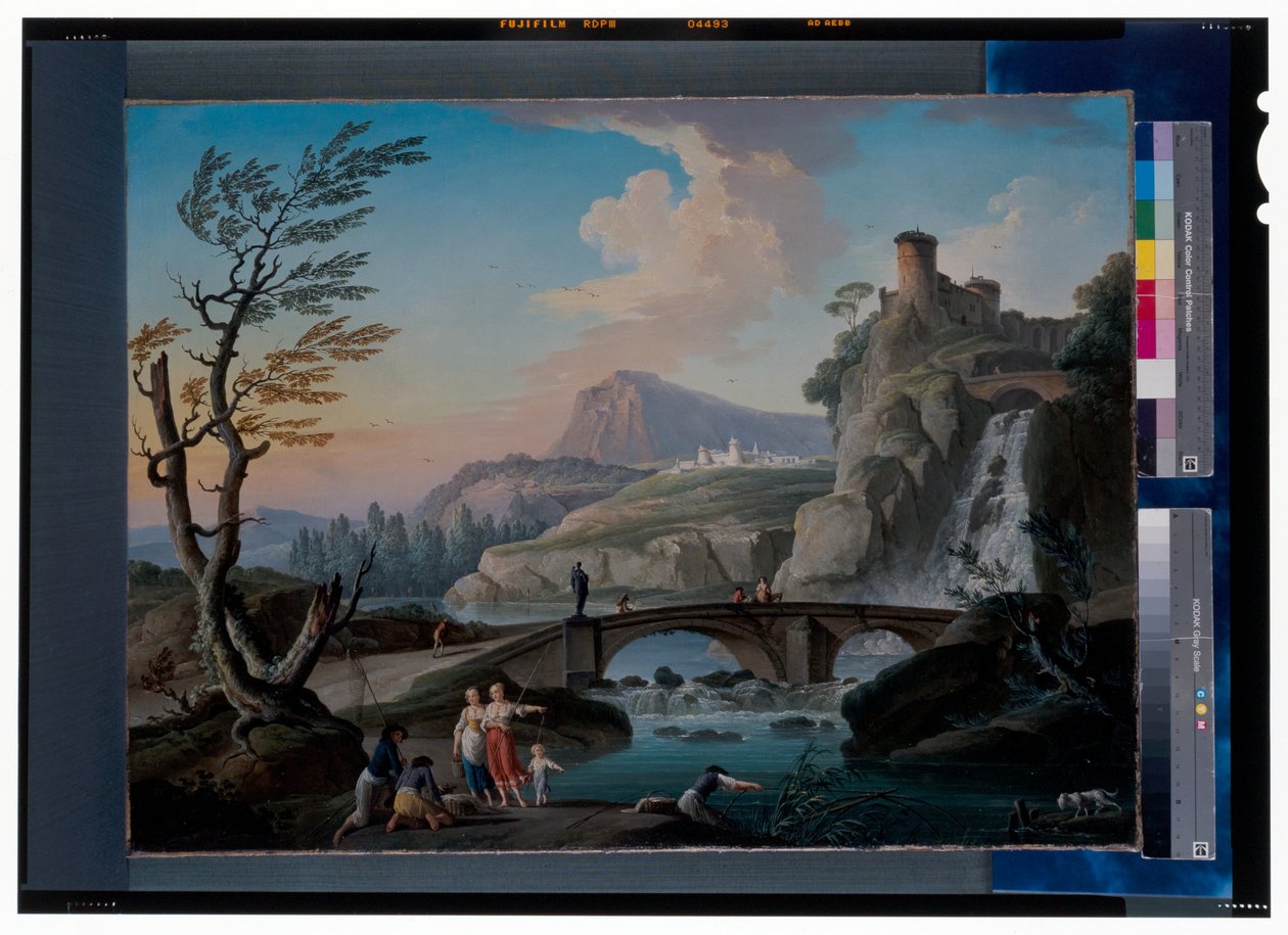 Uma paisagem fluvial com pescadores a puxar as suas redes, uma paisagem rochosa e uma ponte pedonal mais além de Charles François Grenier de Lacroix