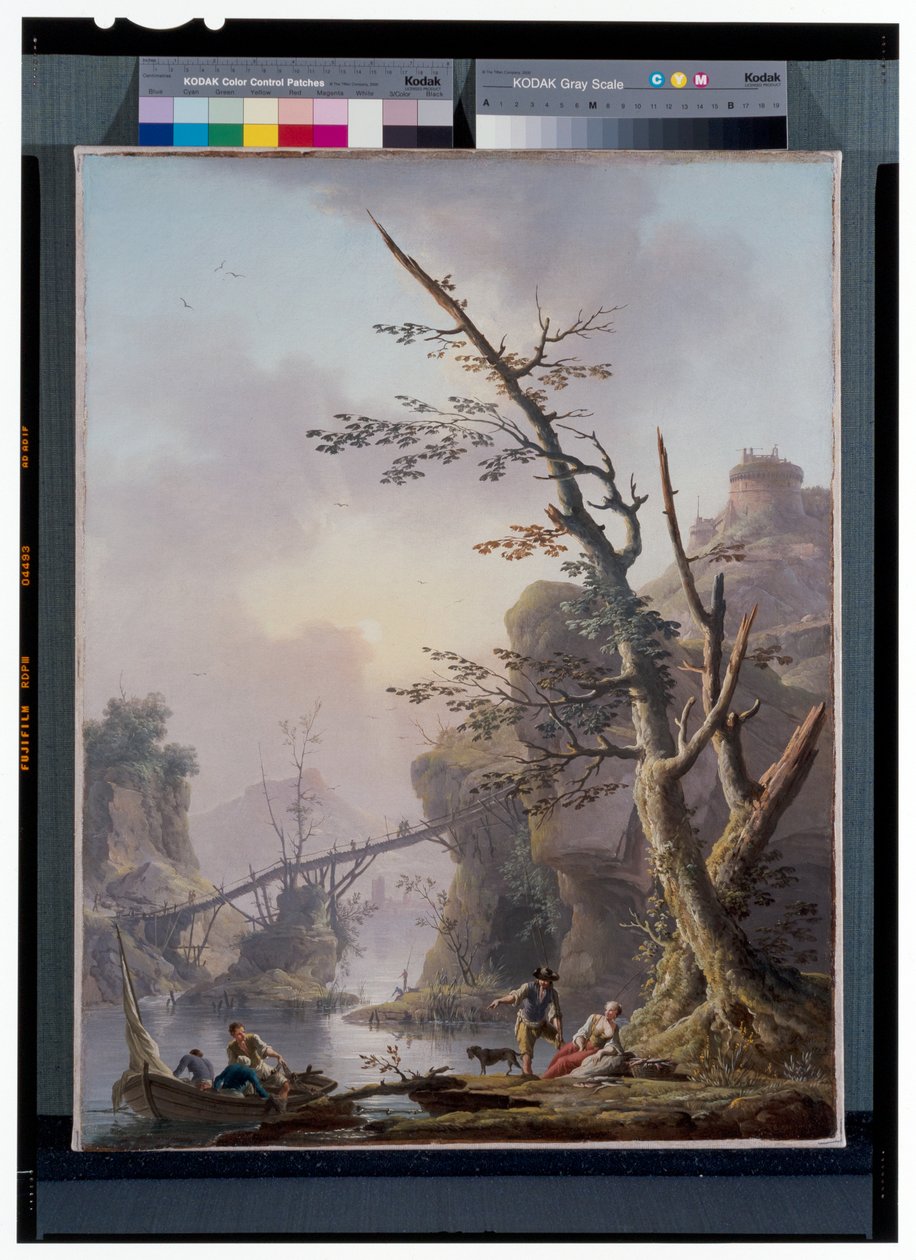 Paisagem fluvial com pescadores que apanham as suas redes de Charles François Grenier de Lacroix