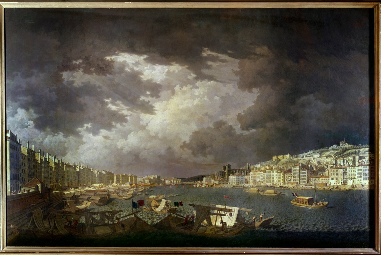 Borders of the Saone em Lyon À esquerda, Pintura de Charles Francois Nivard (1739-1821) 1804. de Charles François Nivard