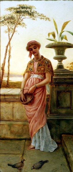Mulher Clássica Alimentando Aves de Charles Frederick Lowcock