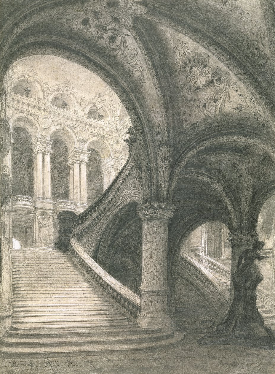 A Escadaria da Ópera de Paris (lápis e giz sobre papel) de Charles Garnier