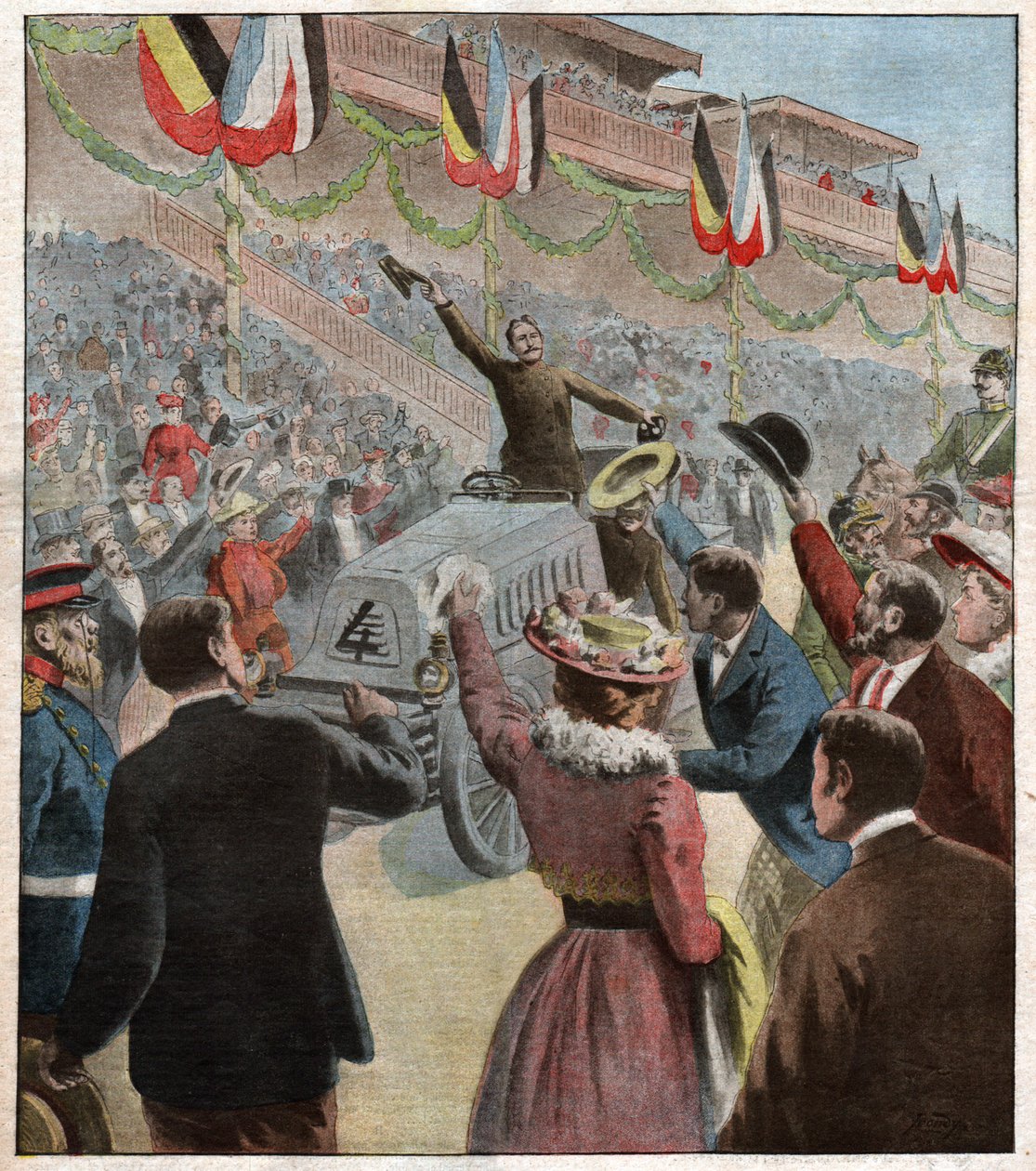 Chegada da corrida Paris Berlim a Berlim: o vencedor Henry Fournier de Charles Gaston Yrondy