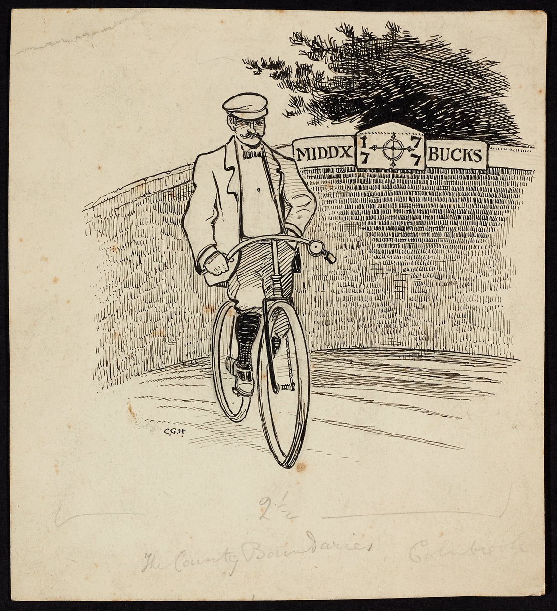 Um homem numa bicicleta em frente de um sinal que marca a fronteira do condado entre Middlesex e Buckinghamshire de Charles George Harper