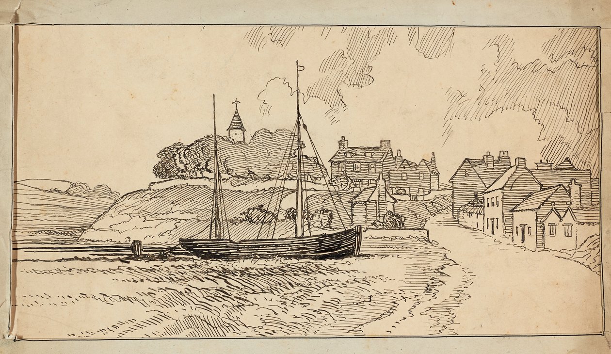 Um barco à vela na praia na maré baixa, por uma faixa que conduz a uma aldeia de Charles George Harper