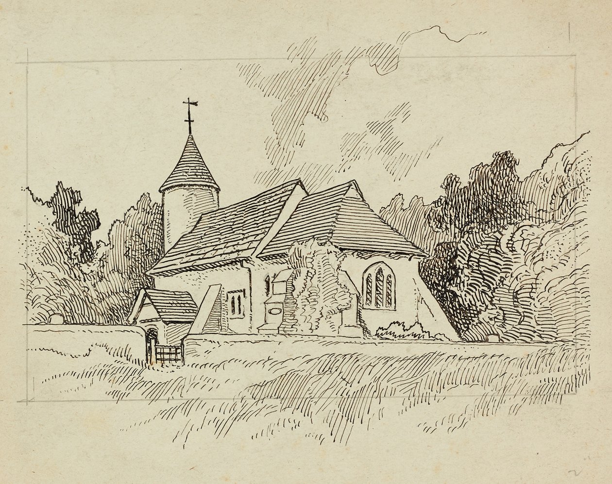 Vista exterior de uma igreja não identificada (caneta e tinta sobre papel) de Charles George Harper