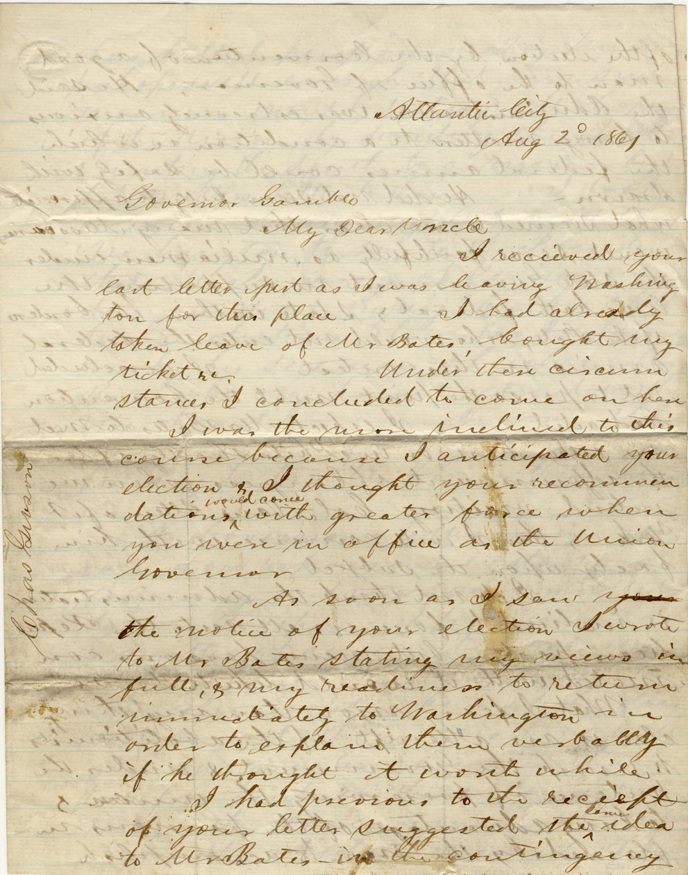 Carta assinada por C. Gibson [Charles Gibson], Atlantic City, ao Governador Gamble [Hamilton R. Gamble], 2 de agosto de 1861 de Charles Gibson