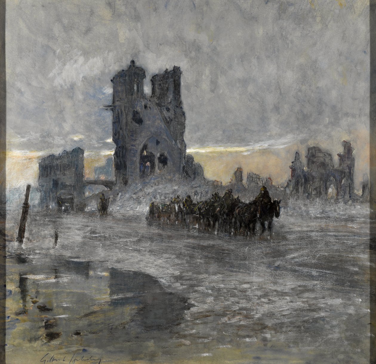 Transportes puxados por cavalos, possivelmente um trem de artilharia, passando pelas ruínas do Cloth Hall, Ypres de Charles Gilbert Holiday
