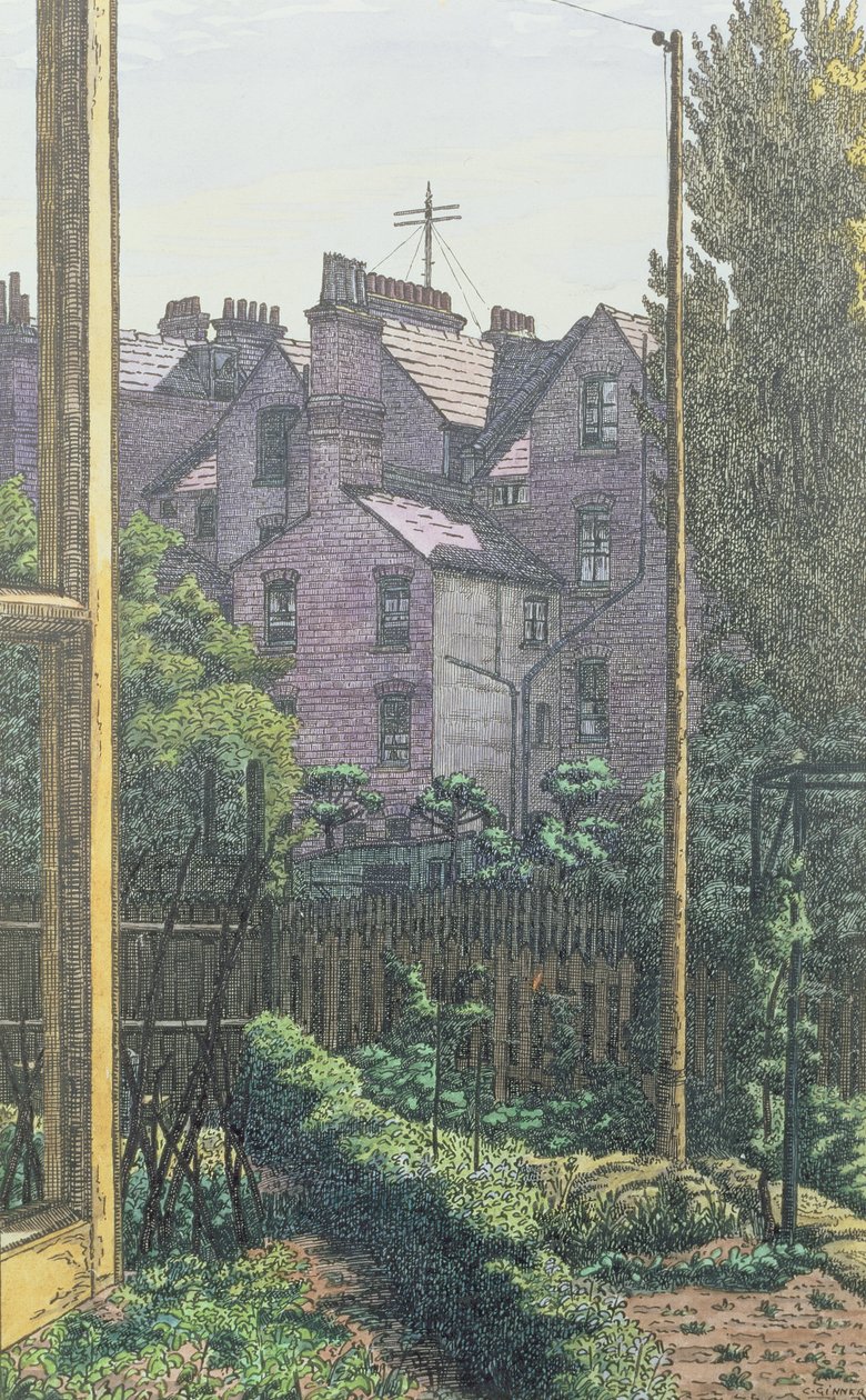 Um London Back Garden (caneta, tinta e aguarela sobre papel) de Charles Ginner