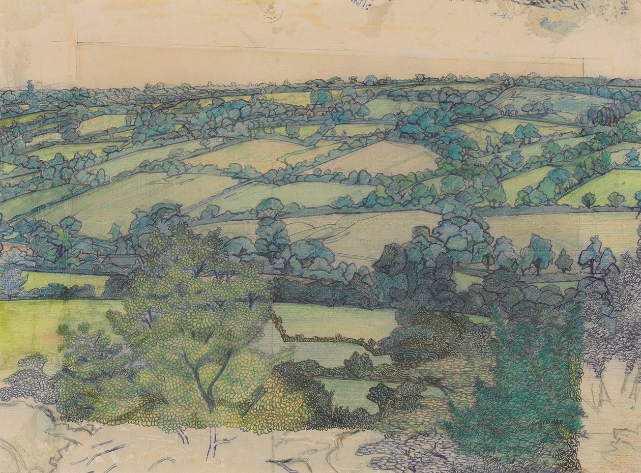 Applehayes, c.1912 (lápis, lápis de cera, caneta e tinta azul sobre papel) de Charles Ginner
