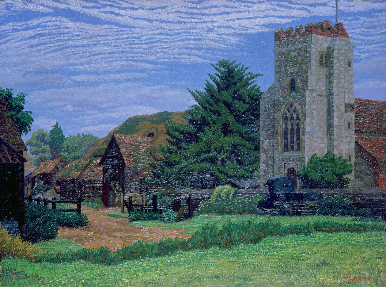 Igreja e Celeiro, Waltham St. Lawrence de Charles Ginner