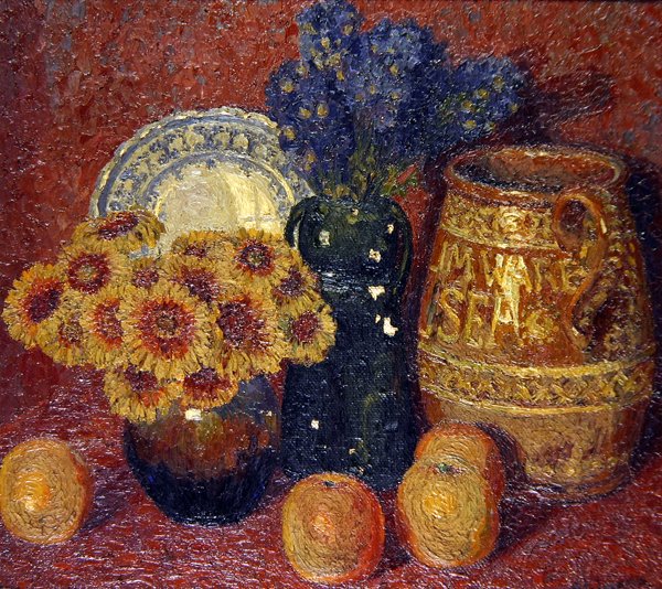 Ainda vivas - Flores, Olaria e Maçãs (óleo sobre tela) de Charles Ginner