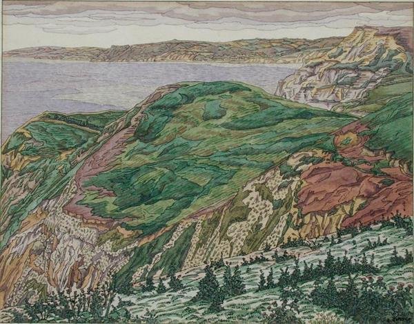 The Dorset Coast, c.1927 (caneta e tinta e aguarela sobre papel) de Charles Ginner