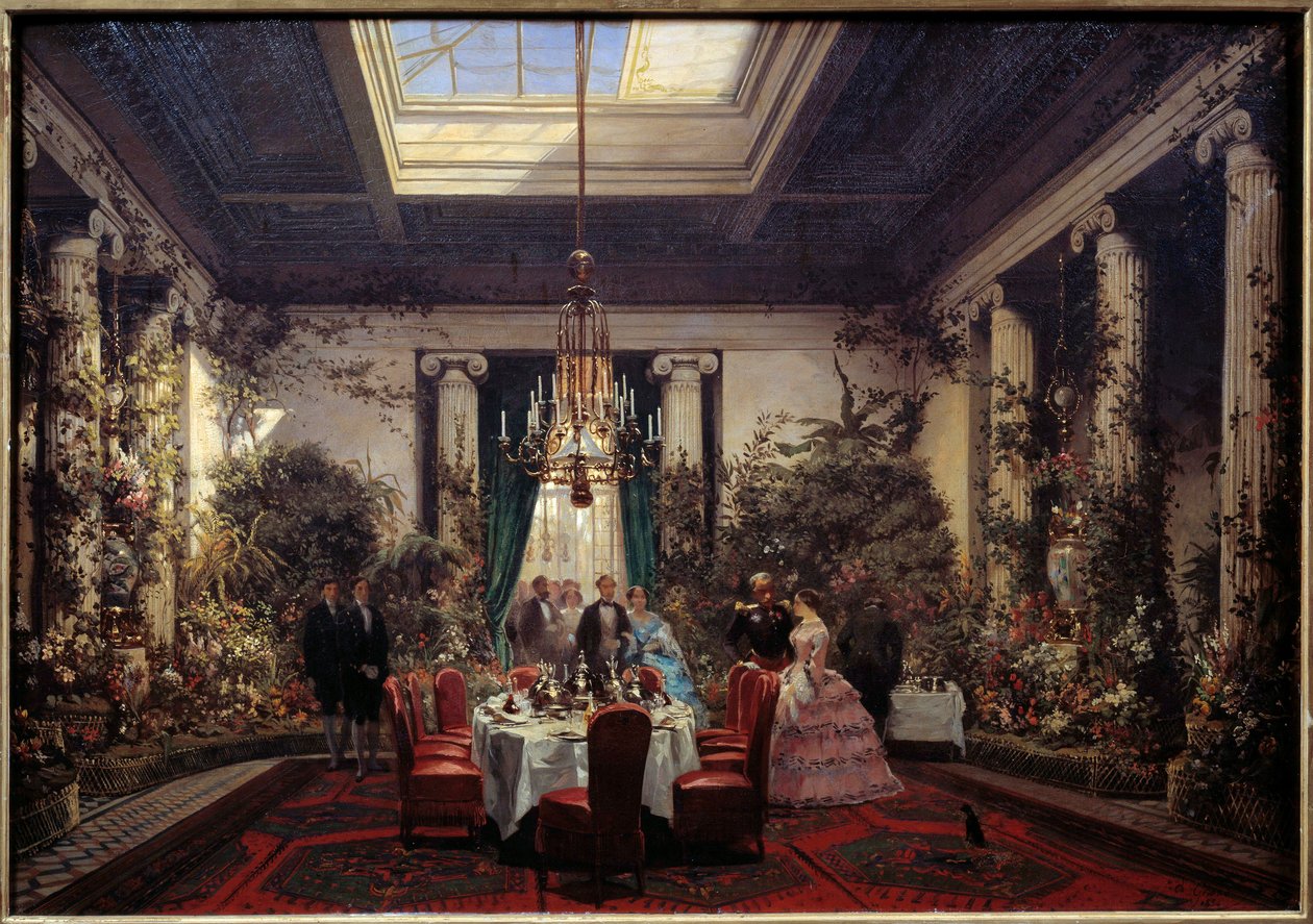 Café da manhã na Princesa Mathilde Letizia Bonaparte (1820-1904), rue de Courcelles em Paris Pintura de Sebastien Charles Giraud (1819-1892) 1854 Sol. 0,56x61 m. Compiegne, museu do castelo de Charles Giraud