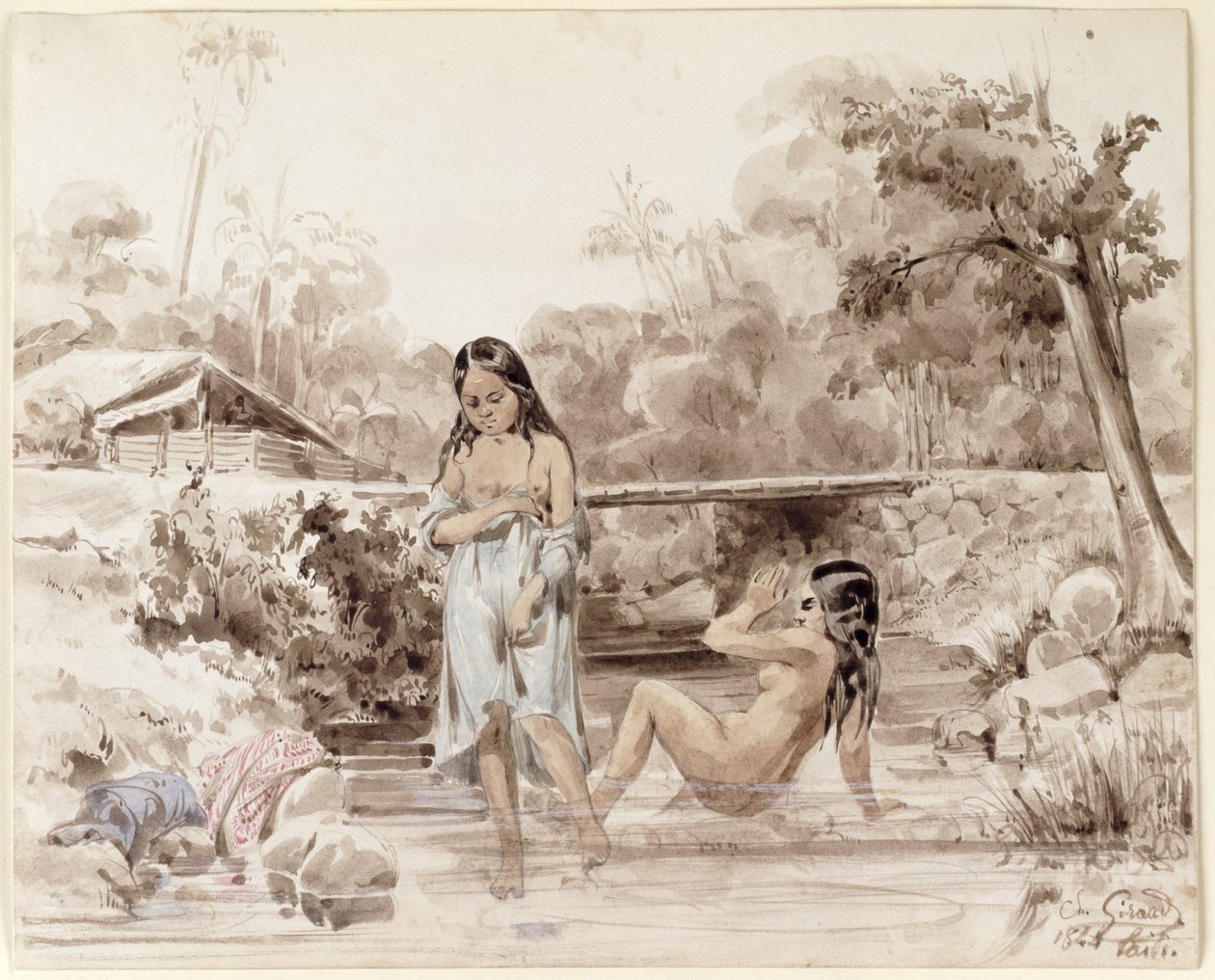 Taitianos tomando banho, 1844 (caneta e lavar no papel) de Charles Giraud