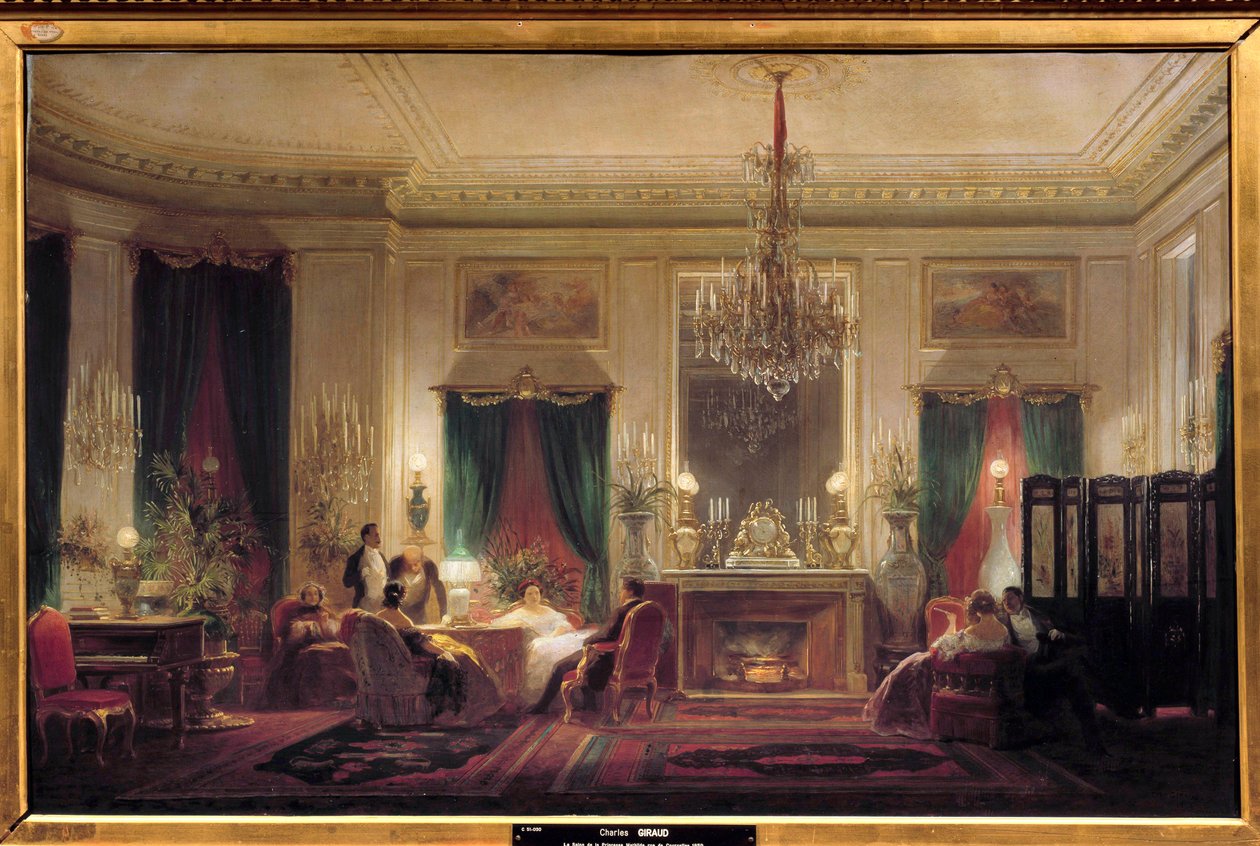 O Salão da Princesa Mathilde Letizia Bonaparte (1820-1904), rue de Courcelles Pintura de Sebastien Charles Giraud (1819-1892) 1859 Sol. 0,63x1 m. Compiegne, musee du chateau - Dentro da mansão da princesa Mathilde Letizia Bonaparte (1820-1904), rue de Cour de Charles Giraud