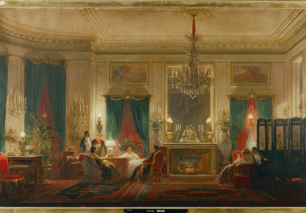 O salão da princesa Mathilde, filha do rei Jerónimo e da rainha Catarina de Wuerttemberg, na rue de Courcelle em Paris ... (óleo sobre tela) de Charles Giraud