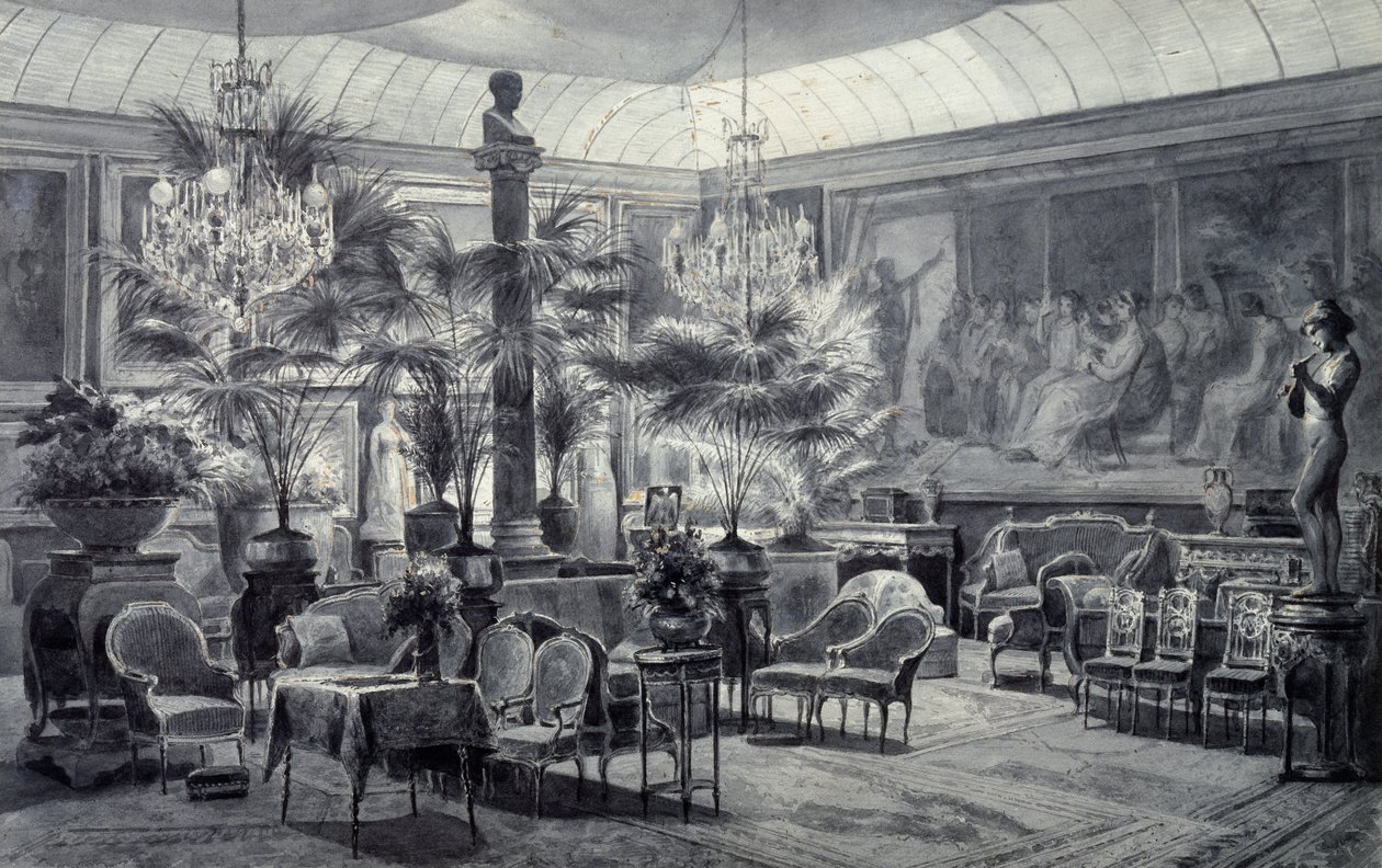 Jardim de Inverno da Princesa Mathilde, desenho com tinta cinza e guache de Charles Giraud (1819-1892) de Charles Giraud