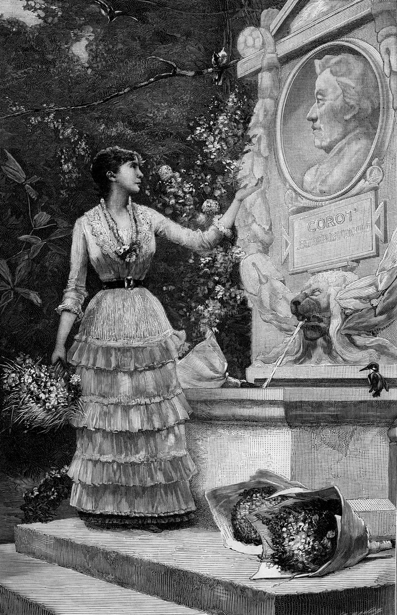Blanche Baretta (Baretta) (n. 1855) da Comediante Francaise, falando os versos do Sr. François Coppee, em frente ao monumento de Corot em Ville d