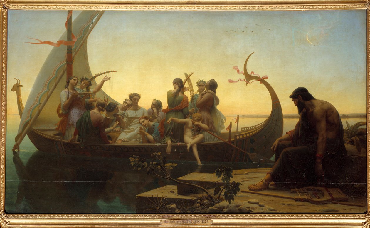Ilusões perdidas ou noite Uma cena alegórica representando personagens num drakkar de partida, um homem fica na doca com uma lira. Pintura de Charles Gleyre (1806-1874) Sol do século XIX. 1,56x2,38 m de Charles Gleyre