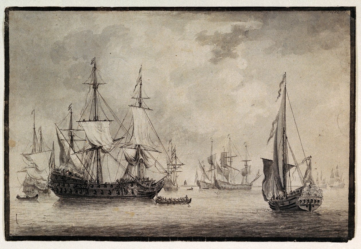 Uma marinha de guerra holandesa, um iate estatal e uma embarcação distante num porto, finais do século XVIII (caneta, tinta) de Charles Gore