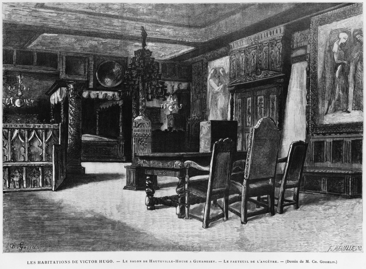 Casas de Victor Hugo, o salão na casa de Hauteville em Guernsey, a poltrona do antepassado, gravada por Fortune Louis Meaulle (1844-1901) de Charles Gosselin