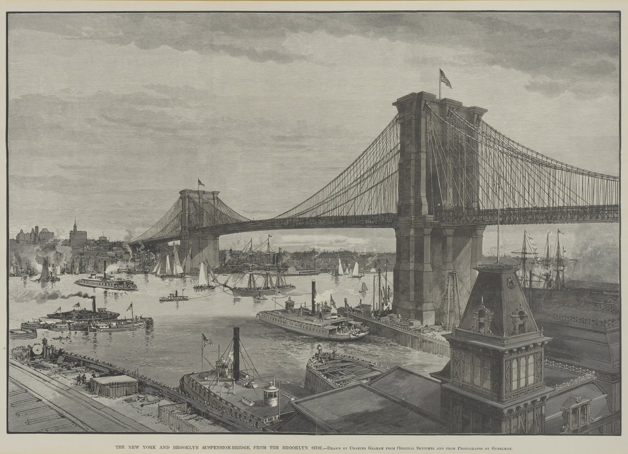A ponte de suspensão de Nova York e Brooklyn do lado do Brooklyn, final do século XIX de Charles Graham